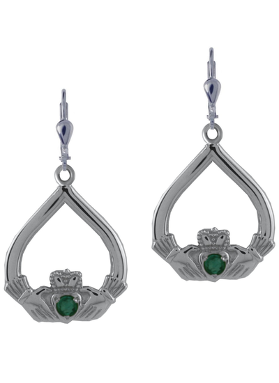 Traditional Claddagh Drop Earrings With Green Cubic Zirconia